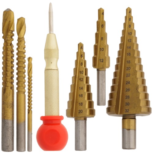 ZESTAW WIERTEŁ STOPNIOWYCH, FREZUJĄCYCH I PUNTAK – 7 ELEMENTÓW -1